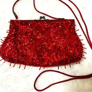 Red Vintage Lancôme Beaded Kisslock Evening Clutch Purse w Crossbody Strap. 9”